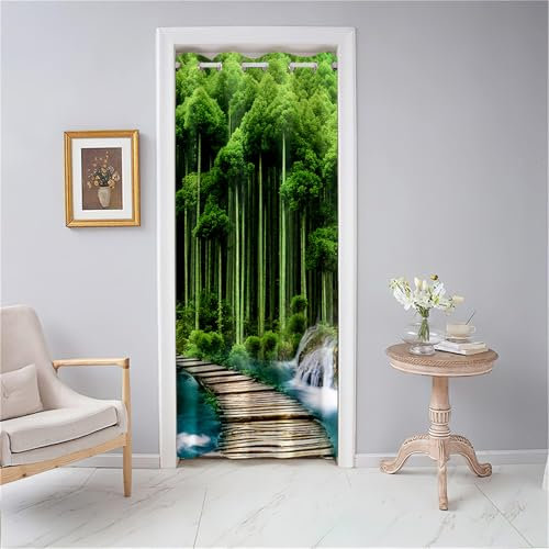 Odot Türvorhang Blickdicht mit Ösen, Verdunklungsvorhänge 1 Stück Thermovorhang mit 3D Grüner Bambuswald Muster, Wohnzimmer Schlafzimmer Schrank Raumteiler Vorhang (120x200cm,Stil A)