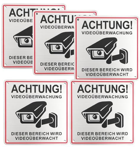 Upifen 5Stk. Achtung Videoüberwachung Schild Privatgrundstück15x15cm Aluminium Schilder Kameraüberwachung, mit Selbstklebend und 4 Bohrlöcher, Kamera Überwachung, Warnschild