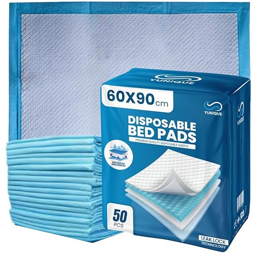 50 x YUN!QUE Einweg-Inkontinenz-Betteinlagen 60 x 90 cm | hochsaugfähige Inkontinenz-Bettlaken | wasserdichte Inkontinenzlaken für Sofa, Matratze, Stuhl & für Babys, Kinder, Erwachsene & ältere