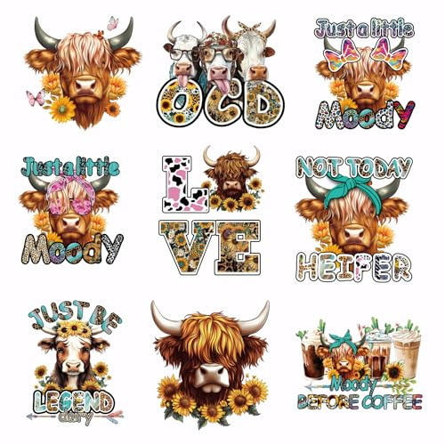 SUPERDANT 9 Pcs Highland Cow Iron On Transfer Paper Cute Animals Heat Transfer Sticker Inspirational Quotes Iron-on Decals Washable DTF Transfers Ready to Press for DIY Clothing T-Shirt Bags