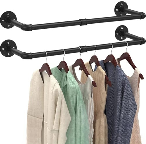 Industrial Pipe Clothes Rail, Wall Mounted Garment Rail Set Of 2, Heavy Duty Tidy Hangers, Hanging Clothing Rack For Bedroom, Living Room, Laundry Room