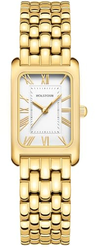 HOLSTOUR Watches for Women Vintage Bracelet White Roman Dial Rectangular Case Gold Watch Waterproof with Tools