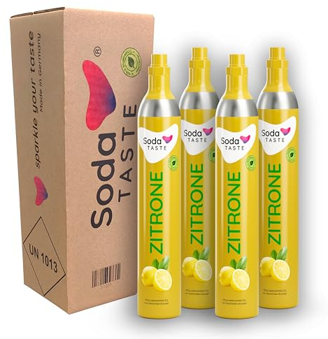 SodaTASTE CO2-Zylinder tauschen 4er-Pack (Refill) für Wassersprudler, mit natürlichem Zitronenaroma, ohne Sirup, für bis zu 240l Sprudelwasser mit Geschmack, zuckerfrei (ACHTUNG: 4 Leerzylinder nötig)