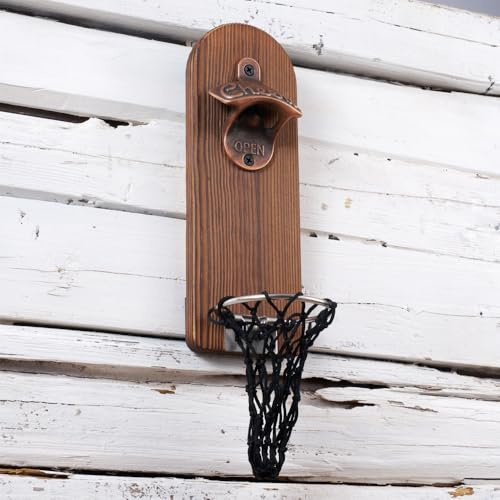 Arola Magnetischer Wand Flaschenöffner, Holz-Bier Flaschenöffner mit Kappenfänger-Sammelnetz, Geburtstagsgeschenk für Bierliebhaber und Männer, Küchenhof-Bar-Dekoration (Design -2)