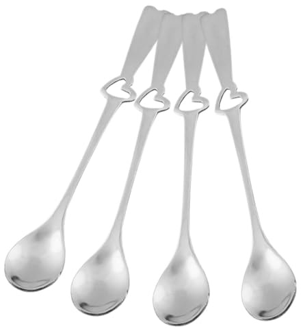 4pcs Stainless Steel Heart Handle Dessert Spoons for Coffee | Silver Finish, round Bowl Profile, Practical Handle Shape, Fine Workmanship and Excellent Polishing