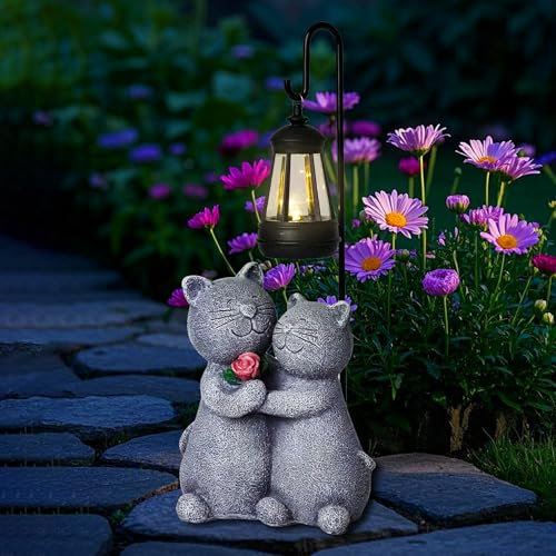 twinbling Outdoor-Katzen-Gartenstatuen mit Solarlaterne – Romantisches Kitty-Paar aus Kunstharz, lustiges Solar-Katzendekor, Geschenke für Frauen, Katzenfiguren für Hof, Rasen, Veranda, Terrasse