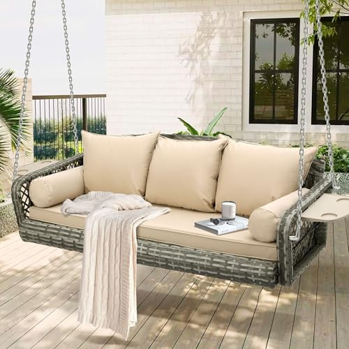 MAGIC UNION 3-Person Hanging Porch Swing Wicker, Outdoor Rattan Swing Bench W/ 3 Back Cushions and Seat Cushion, Sturdy Steel Chain for Patio Deck, Backyard, Garden (Gray Rattan Beige Cushion)