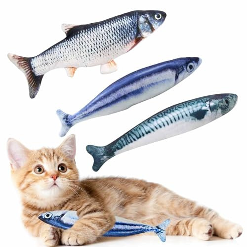 Lot de 3 jouets interactifs en forme de poisson à herbe à chat en peluche pour chats d'intérieur – Coussin de nettoyage résistant aux morsures pour chaton