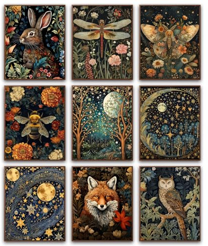 Morris Wall Paintings Poster Set of 9, Vintage Rabbit Fox Starry Sky Bee Butterfly Dragonfly Prints, Botanical Nature Floral Canvas Wall Art Decor for Living Room Bedroom Bathroom 10x8 in Unframed