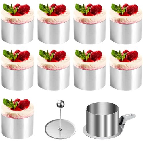 10-Piece Cake Rings Set, 8cm Diameter Stainless Steel Mousse Moulds with Food Press & Spatula, Oven/Dishwasher Safe Baking Tools for Crumpets, Cheesecakes, Pastries