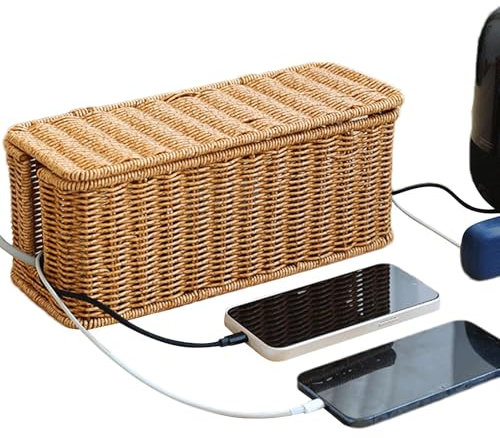 Cable Storage Vault - Handwoven Organizer Basket, Cord Hider Box With Lid | Neatly Hides Charging Hubs Wires And Adapters In Bedroom Office Behind TV Or Desk For A Cleaner Tech
