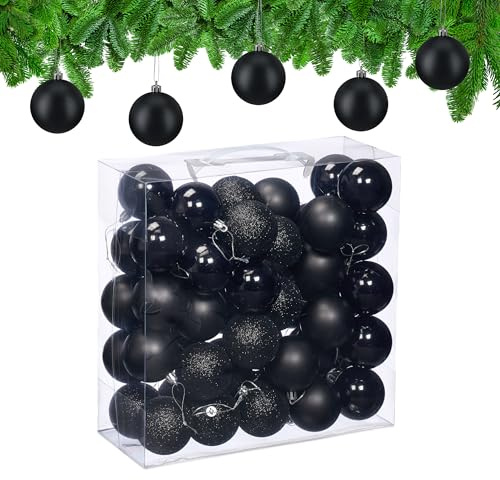 Relaxdays Weihnachtskugeln im 50er Set, Kunststoff, D: 6 cm, runde Weihnachtsbaumdeko, Baumschmuck bruchsicher, schwarz