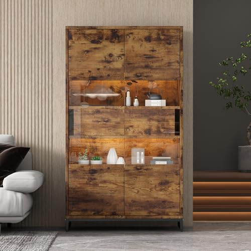 Vitrinskåp med LED-belysning, vitrinskåp med 2 lådor och dörrar, stående vitrinskåp med akrylskärm, bokskåp, vinskåp, highboard för vardagsrum, matsal, kontor, vintagebrun