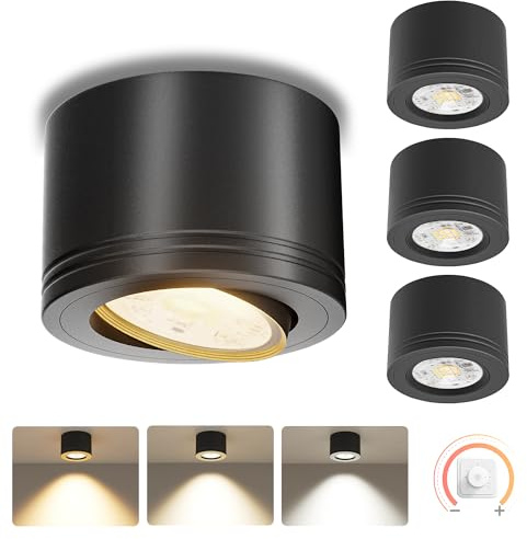 LAMPELIP 4x LED Aufbauspots Dimmbar 230V – 3 Farbtemperaturen 2700K/4000K/5700K – Extra Flach Ø80×50mm, 30° Schwenkbar, inkl. 5W LED Modul – Aufputz Deckenspots Schwarz
