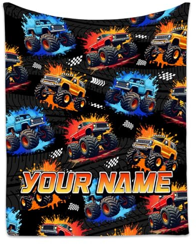 Boys Personalised Blanket – Custom Truck Throw with Name for Kids – Soft Flannel Fleece Blanket – Cosy Gift for Son – Available in 4 Sizes