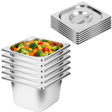 Botyboty 6 Pack 1/6 Size Hotel Pans 4 Inch Deep with Lids, Stainless Steel Steam Table Pan with Lids, Commercial Food Pans for Hotel, Home, Restaurant, Catering, Buffet Pan