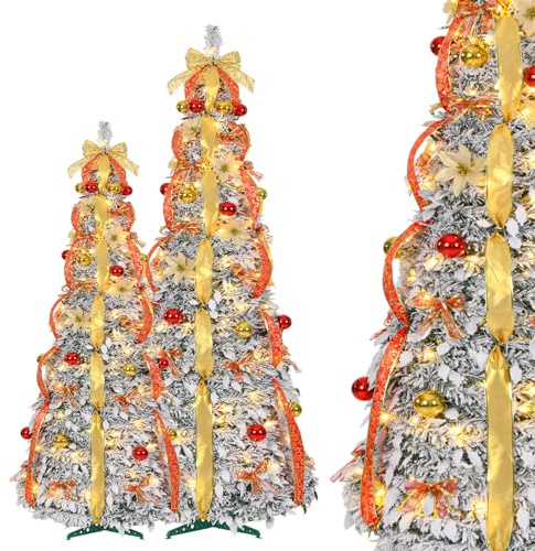 Aufun Árbol de Navidad artificial de 150 cm en espiral con 100 LED, árbol de Navidad artificial plegable con bolas de Navidad, punta en forma de estrella, decoración navideña para casa y tienda (Rojo+