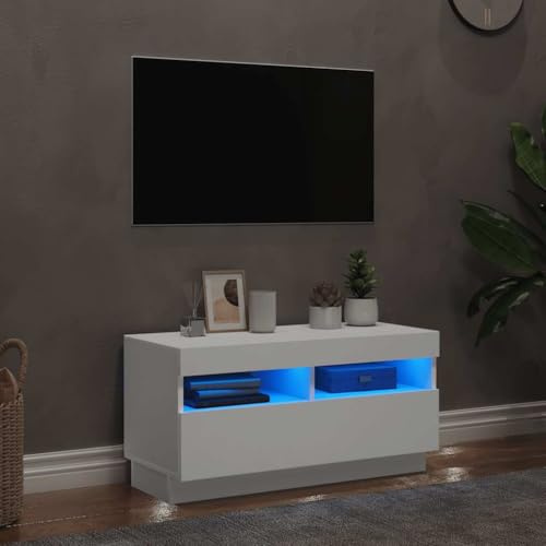 HaoChrymec Meuble TV en Bois Composite avec Éclairage LED, Meuble d'Appoint, Armoire de Rangement, adapté au Salon et à l’Entrée, Meuble Tele Blanc, Buffet Salle a Manger, 80x35x40 cm