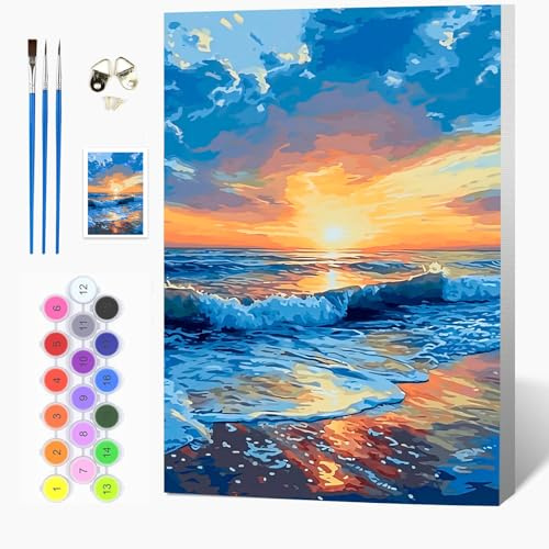Auremi Meeres Malen nach Zahlen Set für Erwachsene Kinder mit Holzrahmen,Landschaft Paint by Numbers Set Mit Ölgemälde für Anfänger, Leinwand, Pinsel und Farben Wanddekoration 20x30cm