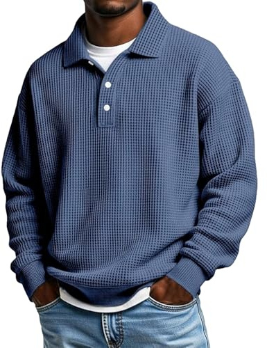 Mens Polo Shirts Long Sleeve Jumpers Waffle Golf Tops Men's Polos Solid Color Button Up Lapel Collar Tshirts Loose Fit Golf Tops for Men Spring Clothes
