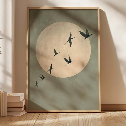 XINBAO Japanischer Kunstdruck in Salbeigrün, Wandbild mit fliegenden Vögeln, Sonnenmotiv, Wohnzimmerdekoration, Großformatig, Japanisches Gemälde, Schlafzimmerdekoration (40 x 60 cm/Innenrahmen)