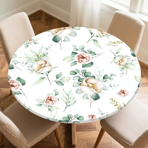 Odot Tischdecke Abwaschbar Rund mit Gummizug, Frühlingsblumen Tischdecke Rund 60-160cm Abwischbar Wasserdicht Gartentischdecke für Draußen Spanntischdecke für Garten Partys (Eukalyptusblatt,140cm)