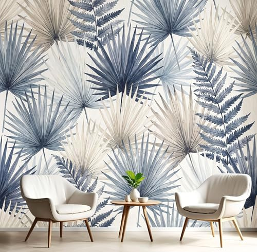 JEDTAKCT Panorama Carta Da Parati Foglie Tropicali Vintage Beige Blu, Fotomurale Piante Ad Acquerello Per Camera Da Letto Decorazioni Parete, Carta Parati Effetto 3D Decorativi Wallpaper, 200X140Cm