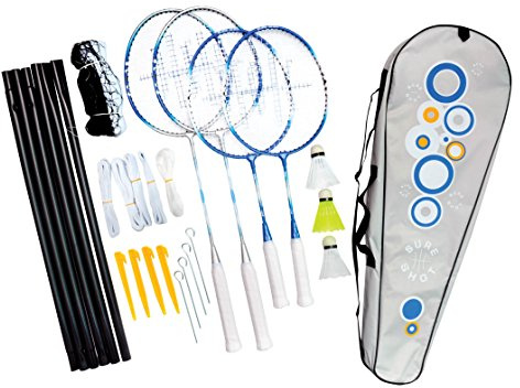 Sure Shot Athens 4-spelare familj badmintonracket set med 2 x vuxna racketar, 2 x juniorracketar och 3 skyttlar inklusive bärbart nät och post- och bärväska, silver/blå/vit, 60 cm