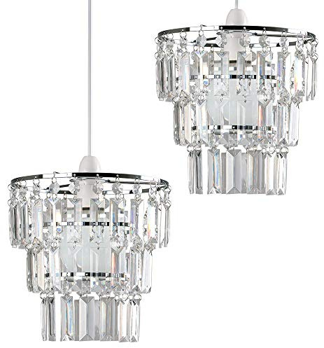 MiniSun | Modern 3 Tier Ceiling Light Shades with Clear Acrylic Jewel Effect Droplets | Pendant Lights, Home Décor & Improvement Essential | Set of 2 | 23cm Shade Width