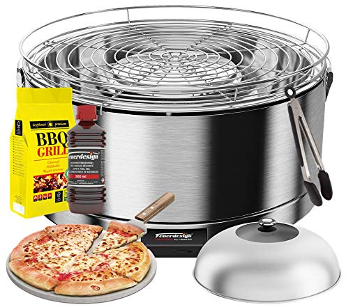 YesEatIs by FEUERDESIGN - MAYON Grill en Acero Inoxidable Kit con IGNICION Gel + Carbon 3 Kg + Pinza para Barbacoa + Piedra De Pizza + Cupula De Acero Inoxidable