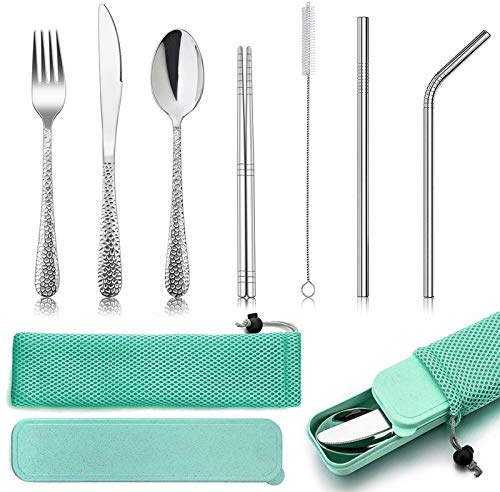 HaWare - Set di 9 posate da campeggio, in acciaio INOX, per esterni, con coltello, cucchiaio, bacchette, cannucce, spazzola per la pulizia, custodia verde e borsa