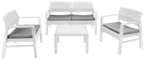 GARDEN DELUXE COLLECTION Set da Giardino Kilimanjaro Bianco Composto da Divano con 2 Poltrone e Un Tavolino