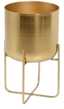 Serene Spaces Living Modern Mid‑Century Metal Indoor Planter with Stand, Gold Planter Pot for Houseplants & Indoor Plants – Living Room, Kitchen & Office, 7.25 Diameter & 13 Tall