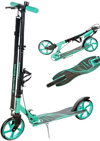 Raven - Patinete para niños y Adultos - Scooter - Patinete - Plegable, Ajustable, Correa de Transporte, Timbre, portabotellas - Anabel Black/Mint con Freno de Mano, Ruedas de 200 mm