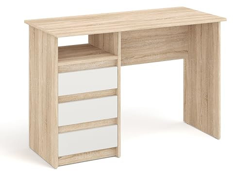 KOMTO Schreibtisch mit Schubladen - Bürotisch Computertisch Klein Arbeitstisch Büro PC-Tisch Kinderschreibtisch mit Stauraum | Moderner Schreibtisch Sonoma Eiche + Weiß | Oslo 110 x 50 x 74 cm