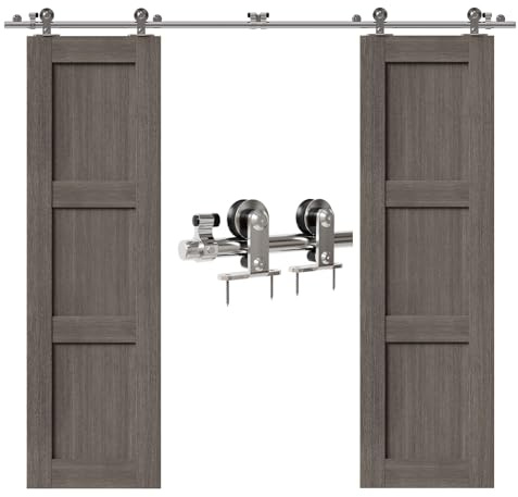 CCJH 5FT/152cm Stainless Steel Sliding Barn Wood Door Hardware Track Kit Top T Mount Roller Hanger Set for Double Door