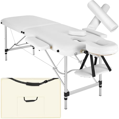 tectake® Massageliege klappbar, höhenverstellbar, Aluminium Massage Möbel mit 2 Zonen, Kopf- und Armstütze, Mobile Massagebank, Zubehör Tasche, Voll- und Halbrolle - weiß