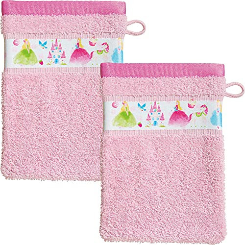 Erwin Müller Waschhandschuh, Waschlappen 2er-Pack Prinzessin Baumwolle - kuschelweich, saugstark, langlebig, mit Aufhänger - rosa Größe 16x21 cm