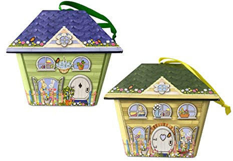 stylebox Set of 2 Tins in the Shape of a Small House Easter Chocolate Box Yellow / Green with Hanger Approx. 11 x 8.5 x 9.5 cm Volume: 200 ml