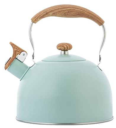 Pfeifkessel - Wasserkessel Edelstahl | 2.5L Teekessel Retro Flötenkessel Zum Wasserkochen | Vintage Wasserkocher Induktion | Flötenkessel Mit Holzgriff Für Küche Camping Gasherd