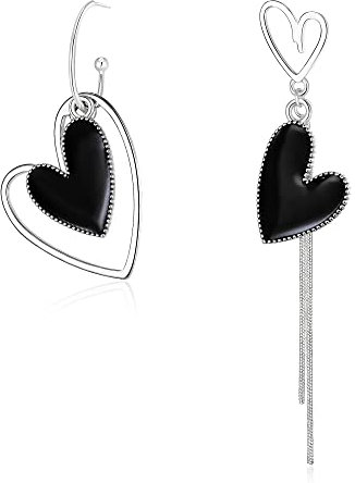 EVER FAITH Asymmetrische Ohrringe für Damen, Silber-Ton Große Lange Schwarze Herz mismatched earrings Ohrhänger Schmuck