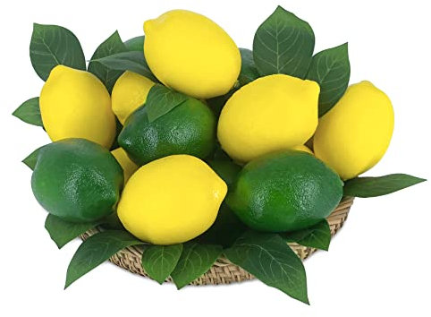 Lorigun 48 Pcs Fake Lemons Artificial Fruits Limes with Leaves, Faux Yellow Lemons Decor Realistic Fake Fruits Lemon for Bowls Decor Table Centerpieces Summer Lemon Decorations Party Kitchen