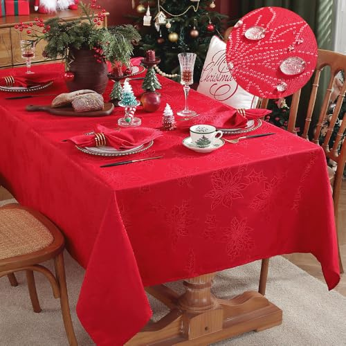 Mantel rectangular de jacquard de Navidad, 152 x 259 cm, impermeable, resistente a las manchas, lujoso mantel de damasco con hojas de acebo, mantel de poliéster para comedor, fiestas, interior