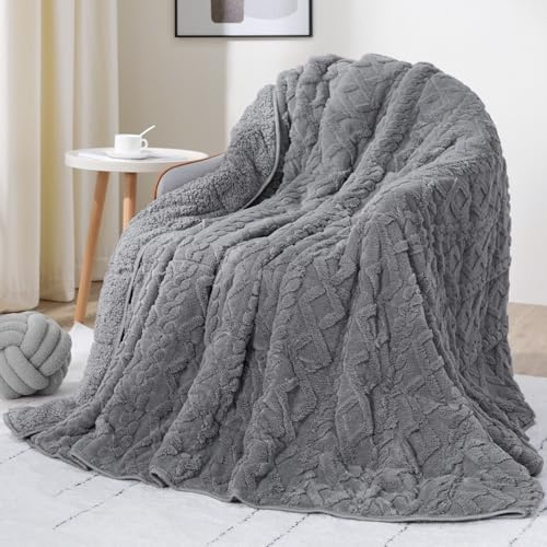 Gewichtete Decke, 9 kg, doppelseitig, flauschig, flauschig, Sherpa, Queen-Size-Größe, gewichtete Decken für Erwachsene, stilvolle 3D-Jacquard-Decke zum Schlafen und Entspannen, Grau, 152,4 x 203,2 cm