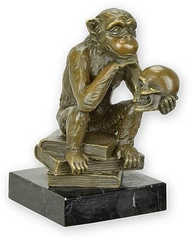 JS Garten Deko Bronzefigur Bronzeskulptur Tierfigur AFFE mit Schädel aus Bronze auf Marmorsockel H 14 cm Skulptur