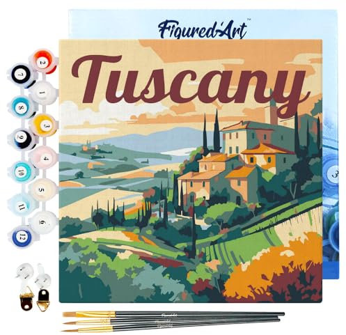 Figured'Art Mini Dipingere con i Numeri 20x20cm con Telaio - Paint by Numbers Poster di viaggio Estate in Toscana Passatempo per Adulti, Kit Completo - Quadri fai da te Tela Già Incorniciata