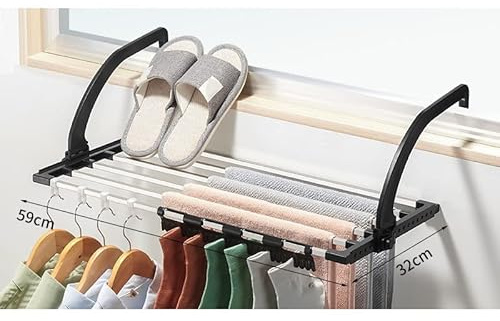 Keebgyy Stendino per Balcone, Stendibiancheria in Acciaio Inossidabile, Stendibiancheria Portatile, Ringhiere per Balconi Davanzale, Portasciugamani Pieghevole (Quadrato Nero 59 X 32