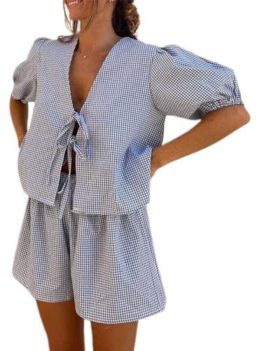 Geagodelia Dam 2-delad outfit sommar dam Co Ord set peplum slips främre blus babydoll topp + shorts Y2k estetiska kläder vardagskläder träning, C - Blå Gingham, M