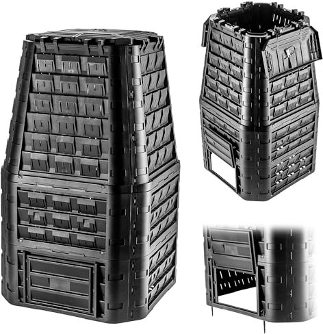 KADAX Composteur de jardin en plastique, composteur pour déchets de jardin, poubelle à compost avec ventilation, bac à compost avec irrigation goutte à goutte, composteur rapide (noir, 1050 l)
