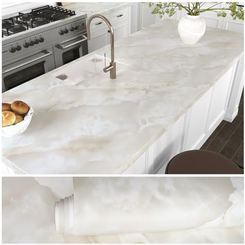 VEELIKE papier Peint Marbre Onyx Crème Autocollant Marbre Beige Blanc Épais pour Plan de Travail de Cuisine Comptoirs Salle de Bain Table Lavable Amovible 40cm×300cm